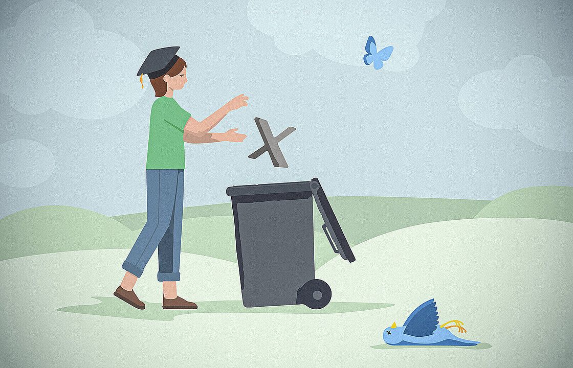 Eine Person mit Doktorhut wirft ein X in eine Mülltonne. Neben der Mülltonne liegt ein toter blauer Vogel. Über der Szene fliegt ein blauer Schmetterling.