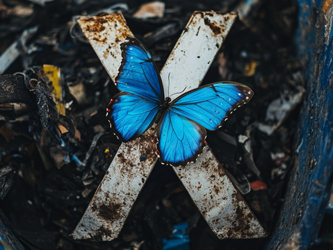 Ein blauer Schmetterling sitzt auf einem verschmutzten X.