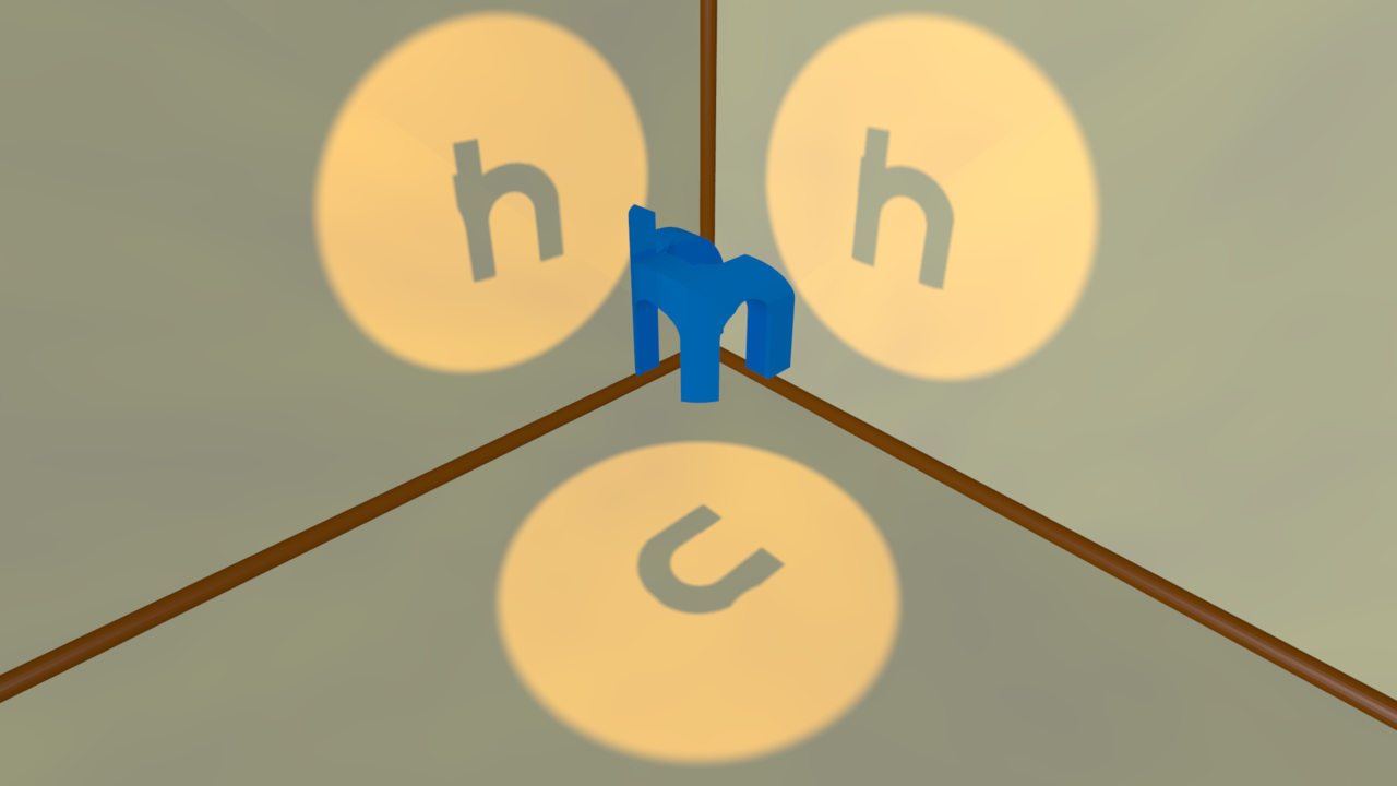 Schatten eines komplexen Objektes. Je nachdem, von welcher es beleuchtet wird, sieht man einen anderen Buchstaben des HHU-Logos.